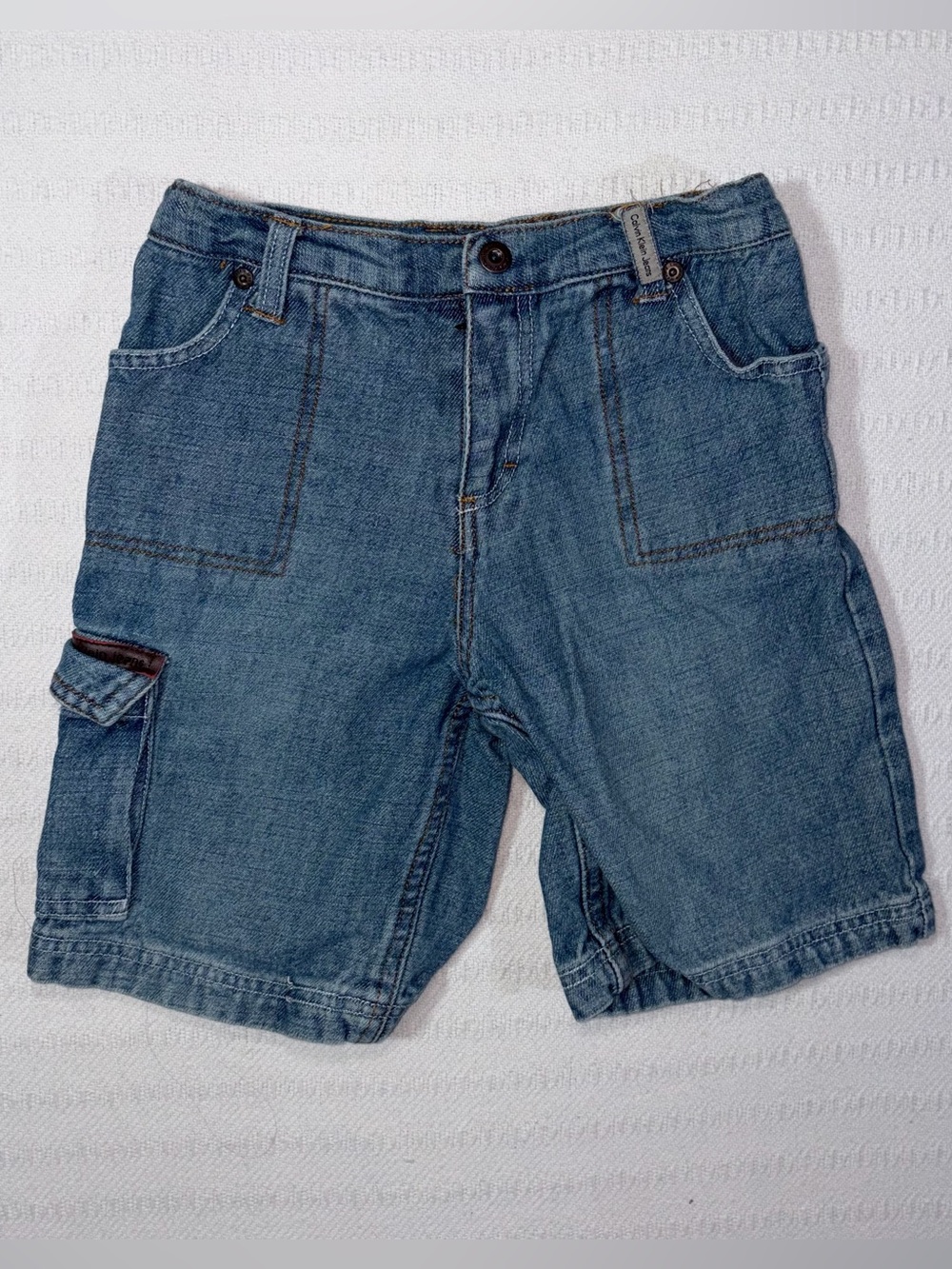 Vintage Calvin Klein Boys Denim Cargo Utility Shorts Size 6 Kids 2000s